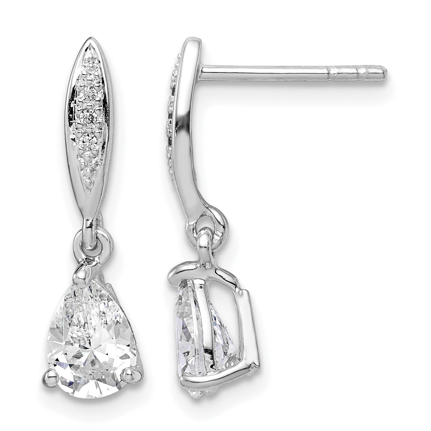 Sterling Silver Rhodium-plated Polished Pear CZ Post Dangle Earrings