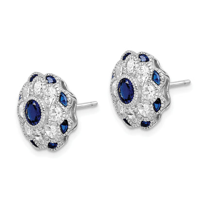 Sterling Silver RH Plated CZ and Synthetic Blue Spinel Flower Post Earrings