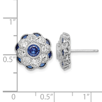 Sterling Silver RH Plated CZ and Synthetic Blue Spinel Flower Post Earrings