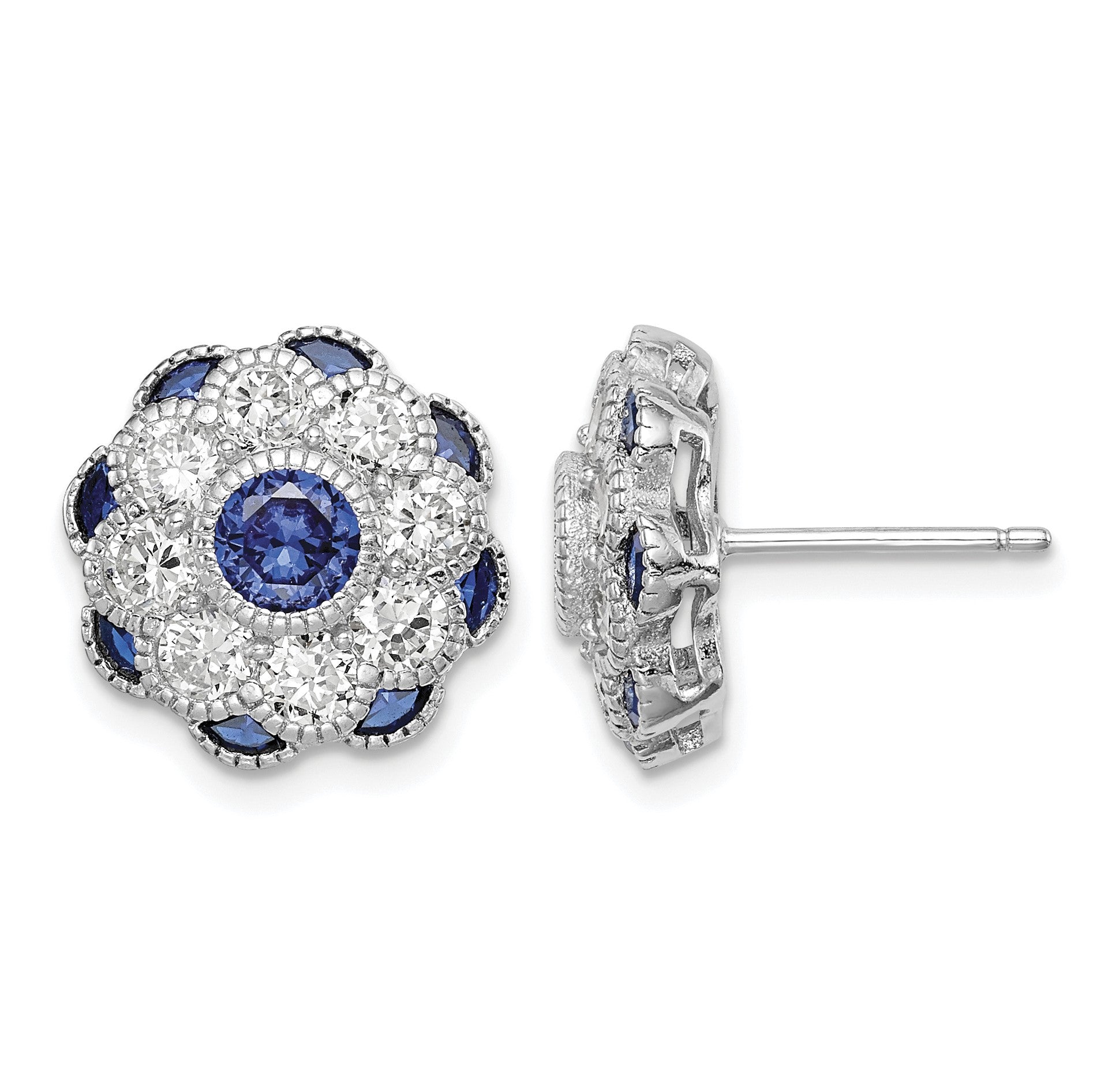 Sterling Silver RH Plated CZ and Synthetic Blue Spinel Flower Post Earrings