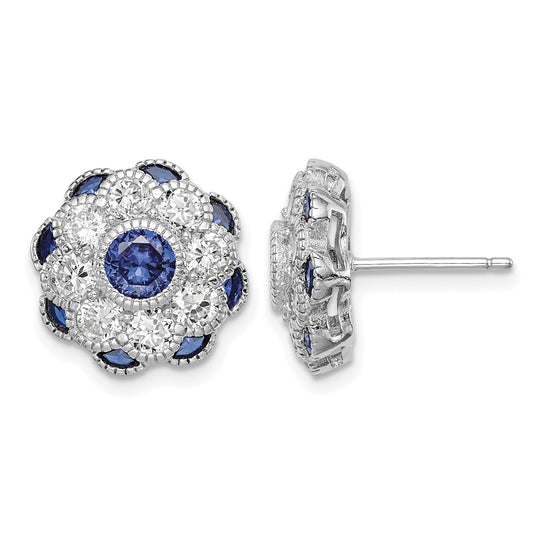 Sterling Silver RH Plated CZ and Synthetic Blue Spinel Flower Post Earrings