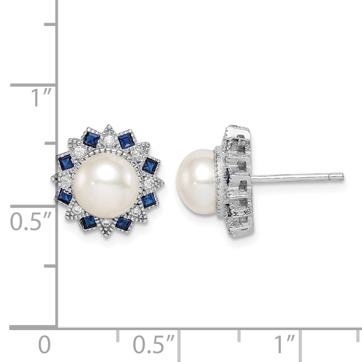 Sterling Silver RH-plated FWC Pearl/Syn. Blue Spinel/CZ Earrings