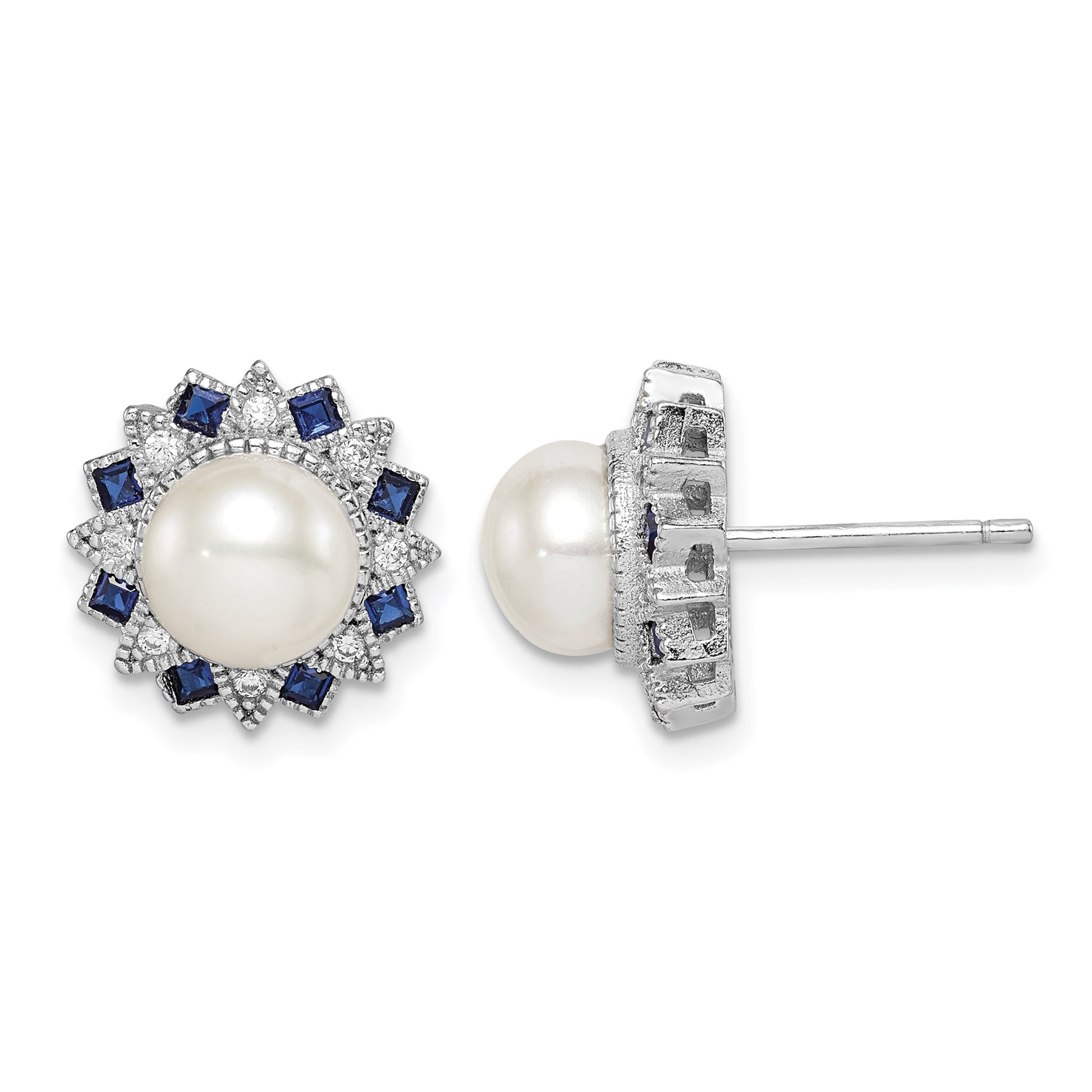Sterling Silver RH-plated FWC Pearl/Syn. Blue Spinel/CZ Earrings