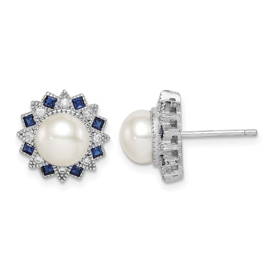 Sterling Silver RH-plated FWC Pearl/Syn. Blue Spinel/CZ Earrings