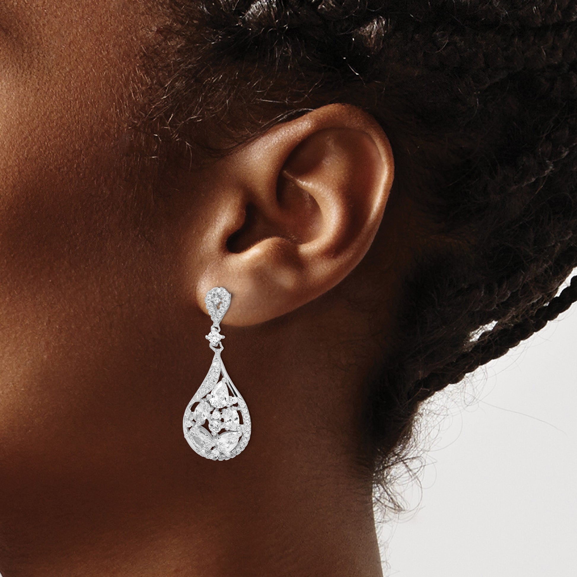 Sterling Silver RH-plated Polished Fancy CZ Teardrop Post Dangle Earrings