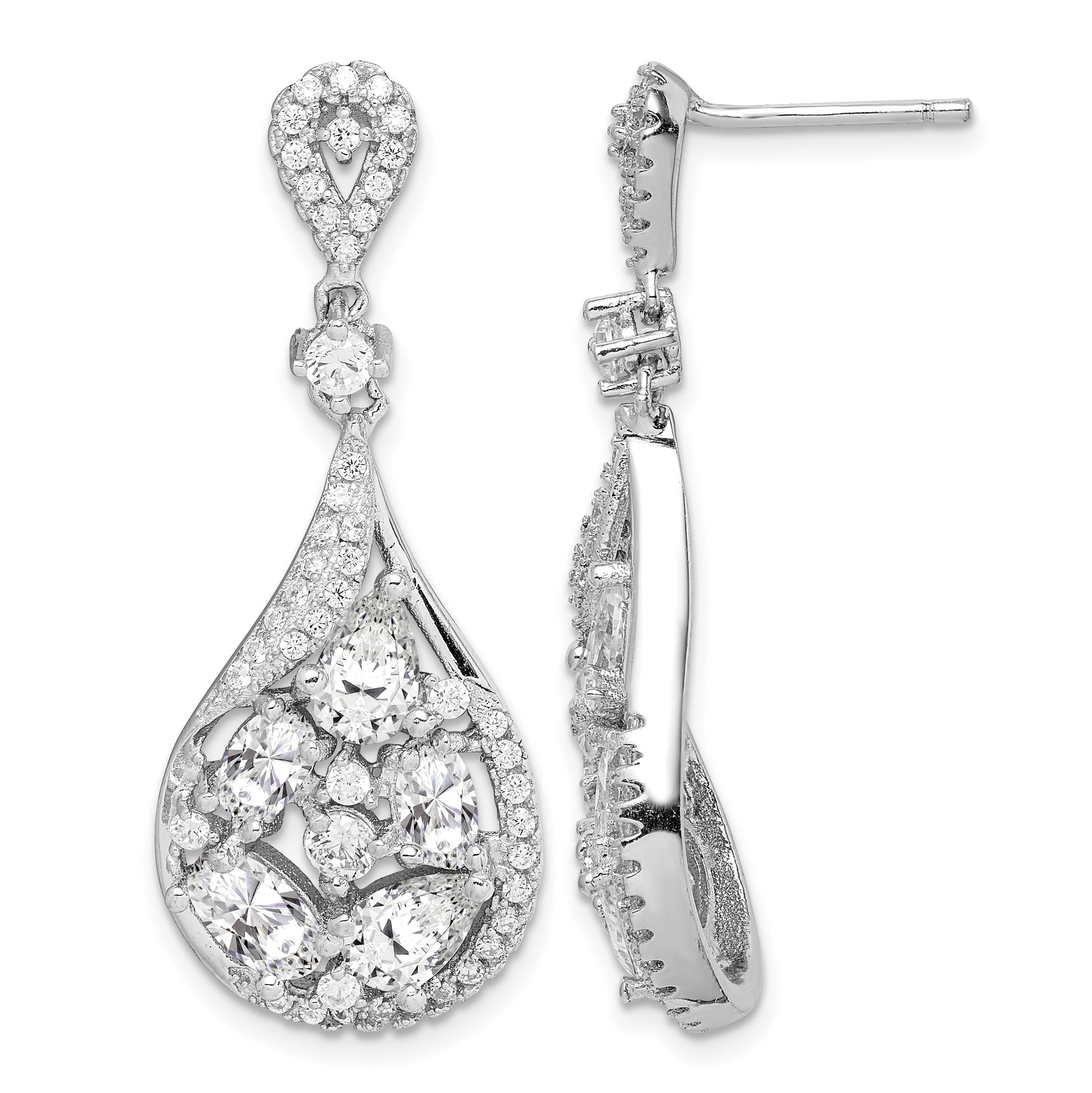 Sterling Silver RH-plated Polished Fancy CZ Teardrop Post Dangle Earrings