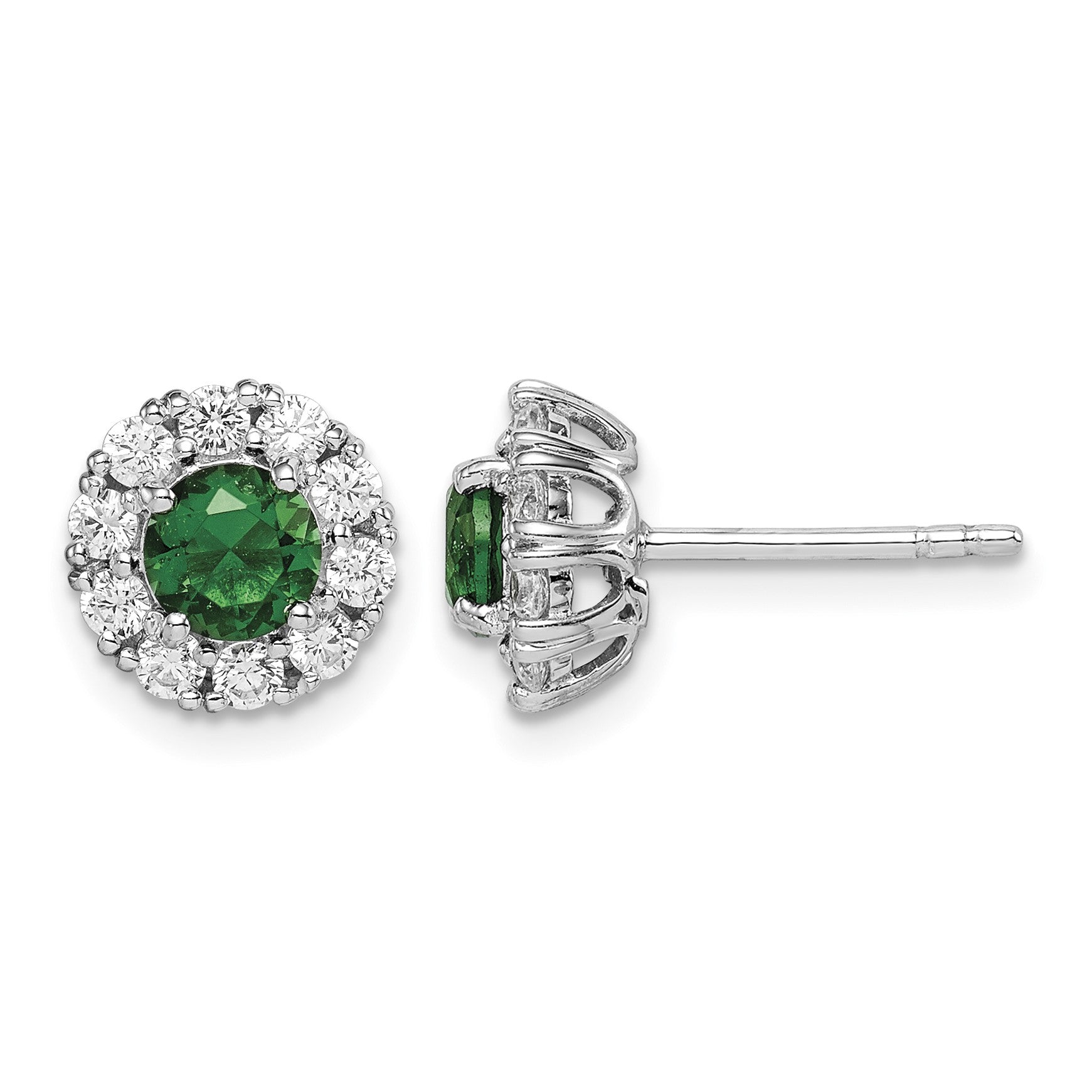Sterling Silver Rhodium-plated Green and White CZ Halo Post Earrings