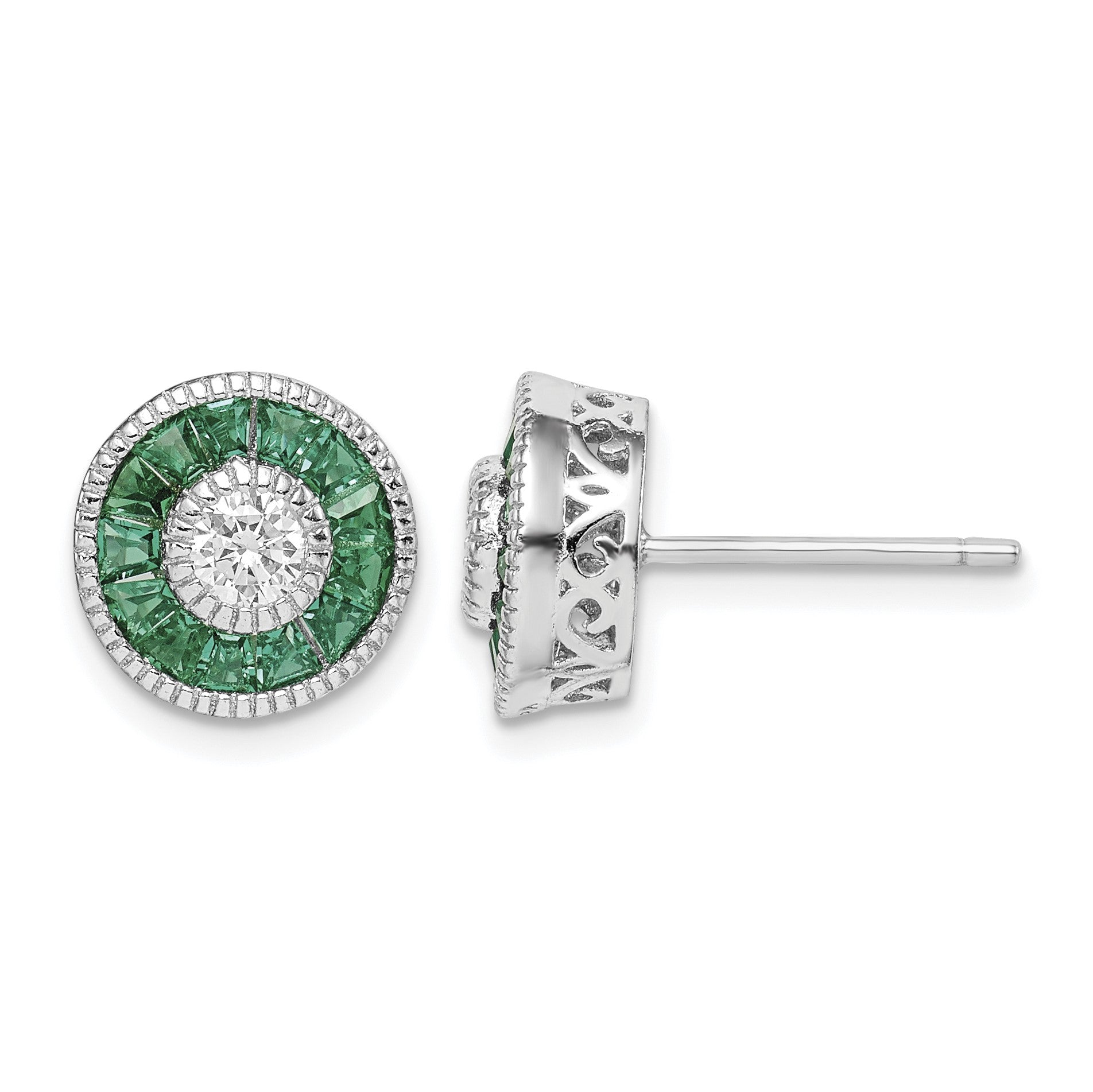 Sterling Silver Rhodium-plated CZ and Lab Cr.Green Spinel Earrings