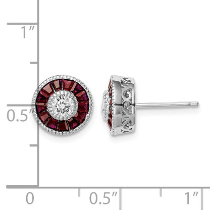 Sterling Silver Rhodium-plated CZ /Created Ruby Halo Post Earrings