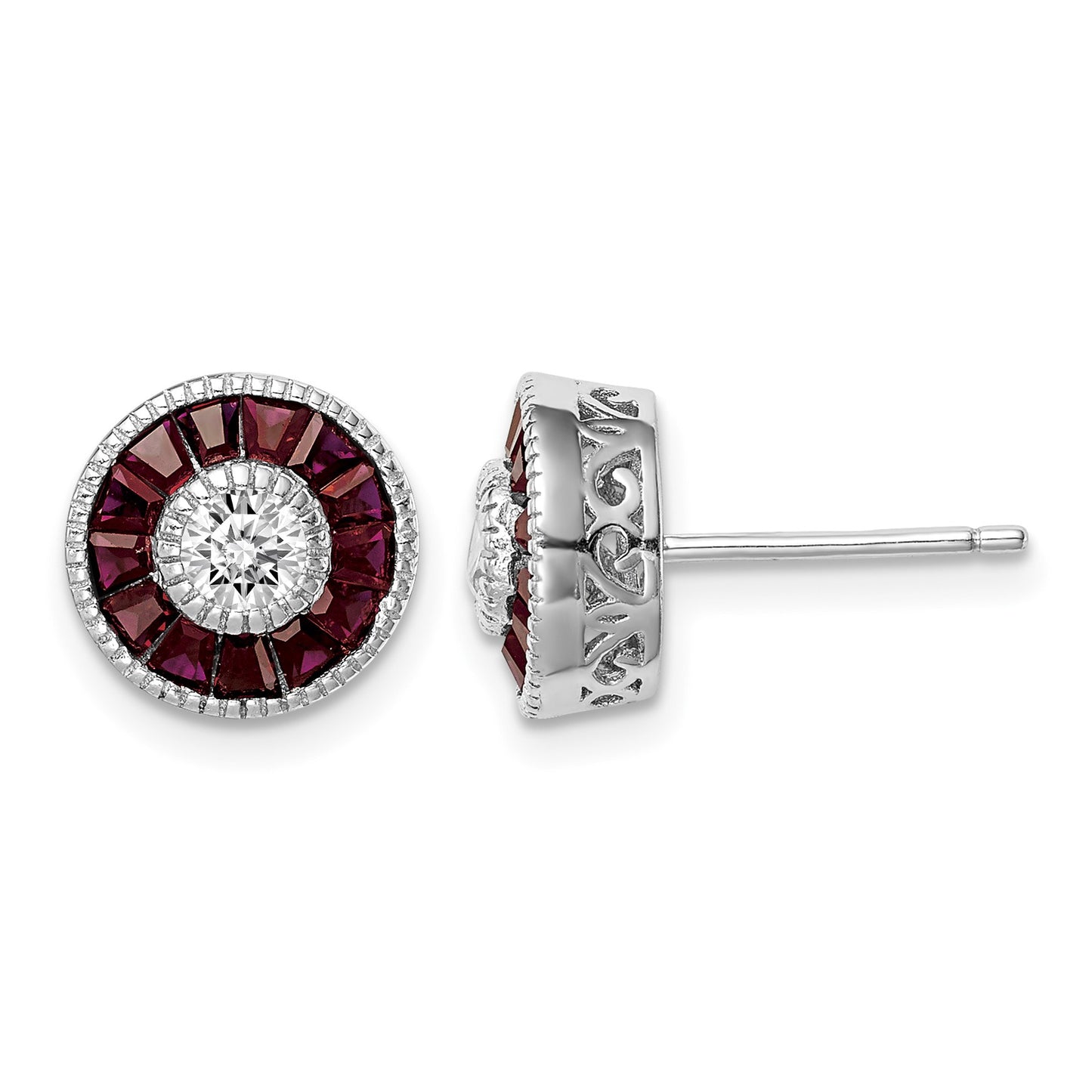 Sterling Silver Rhodium-plated CZ /Created Ruby Halo Post Earrings