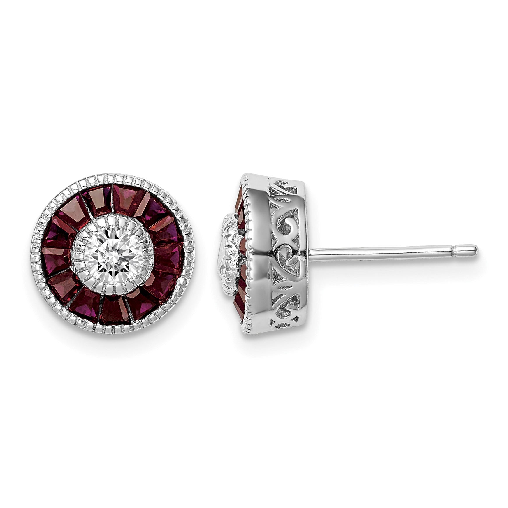 Sterling Silver Rhodium-plated CZ /Created Ruby Halo Post Earrings
