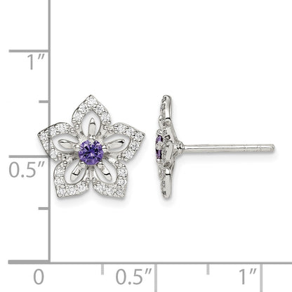 Sterling Silver Purple and Clear CZ Flower Post Earrings