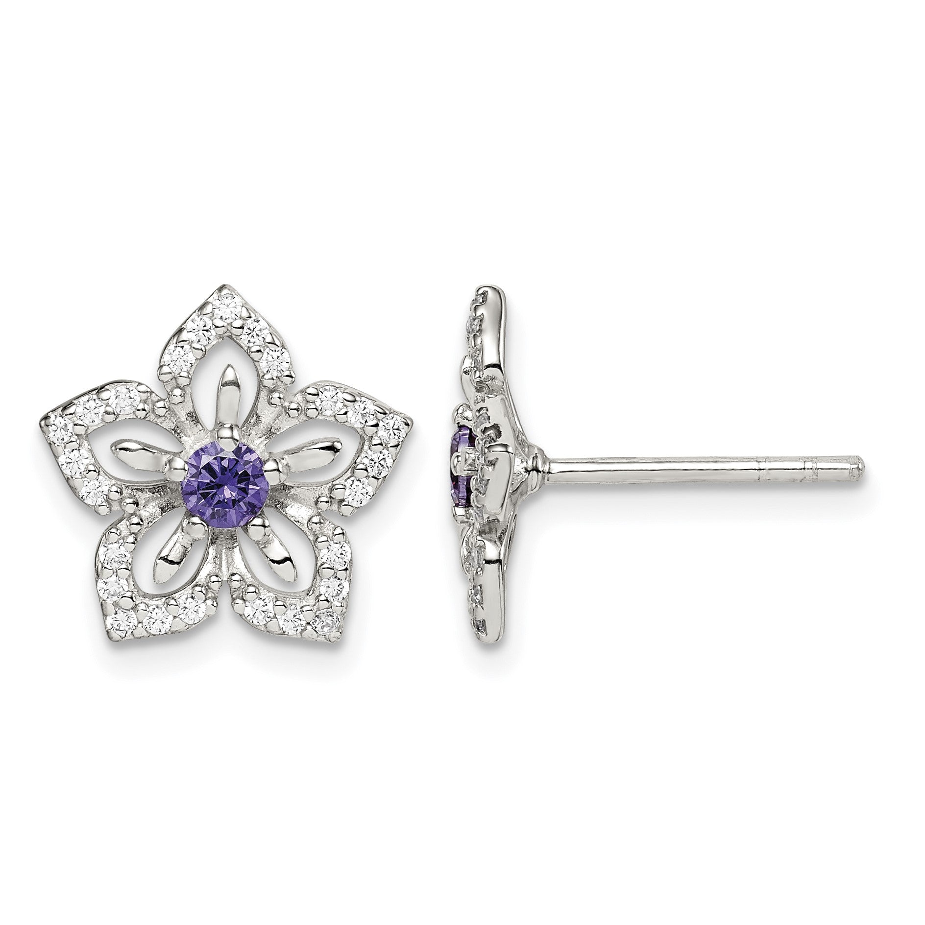 Sterling Silver Purple and Clear CZ Flower Post Earrings