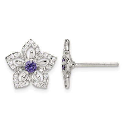 Sterling Silver Purple and Clear CZ Flower Post Earrings