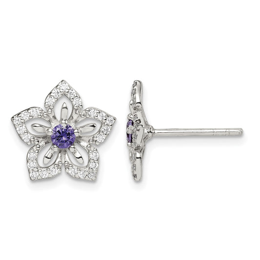 Sterling Silver Purple and Clear CZ Flower Post Earrings