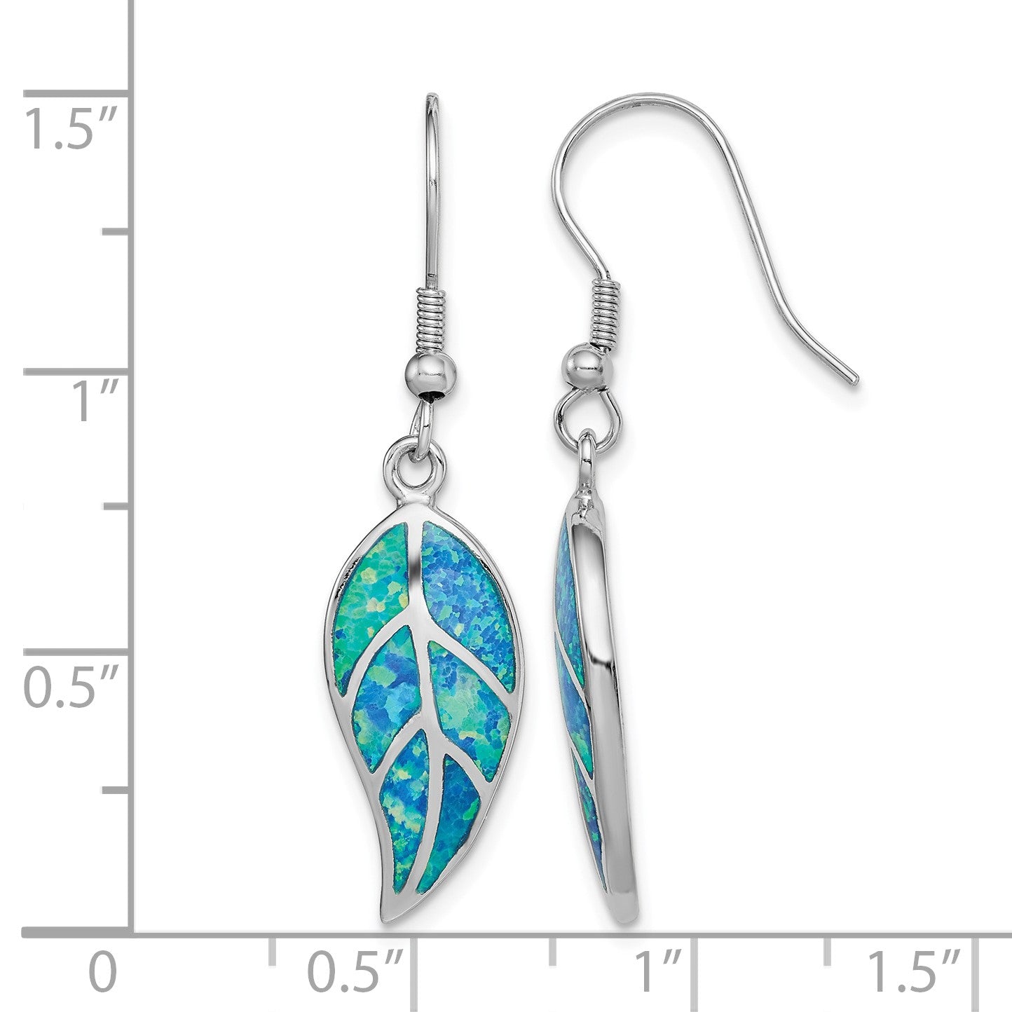 Sterling Silver Rhodium-plated Created Blue Opal Leaf Dangle Earrings