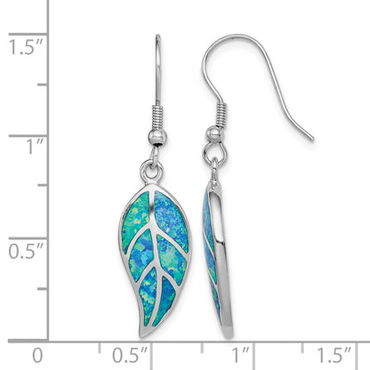 Sterling Silver Rhodium-plated Created Blue Opal Leaf Dangle Earrings