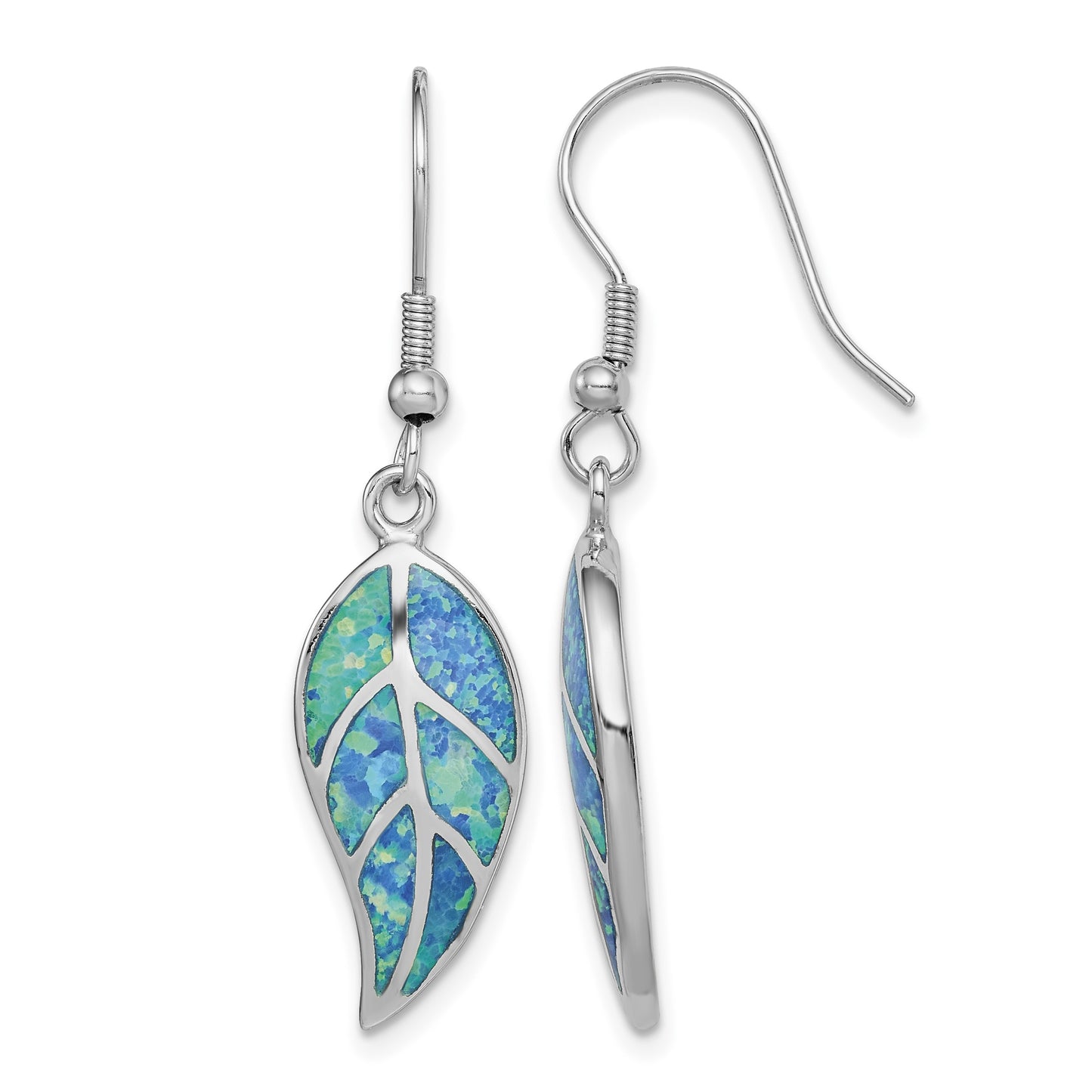 Sterling Silver Rhodium-plated Created Blue Opal Leaf Dangle Earrings