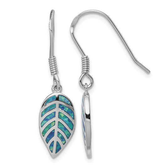 Sterling Silver Rhod-plated Creat Blue Opal Inlay Leaf Dangle Earrings