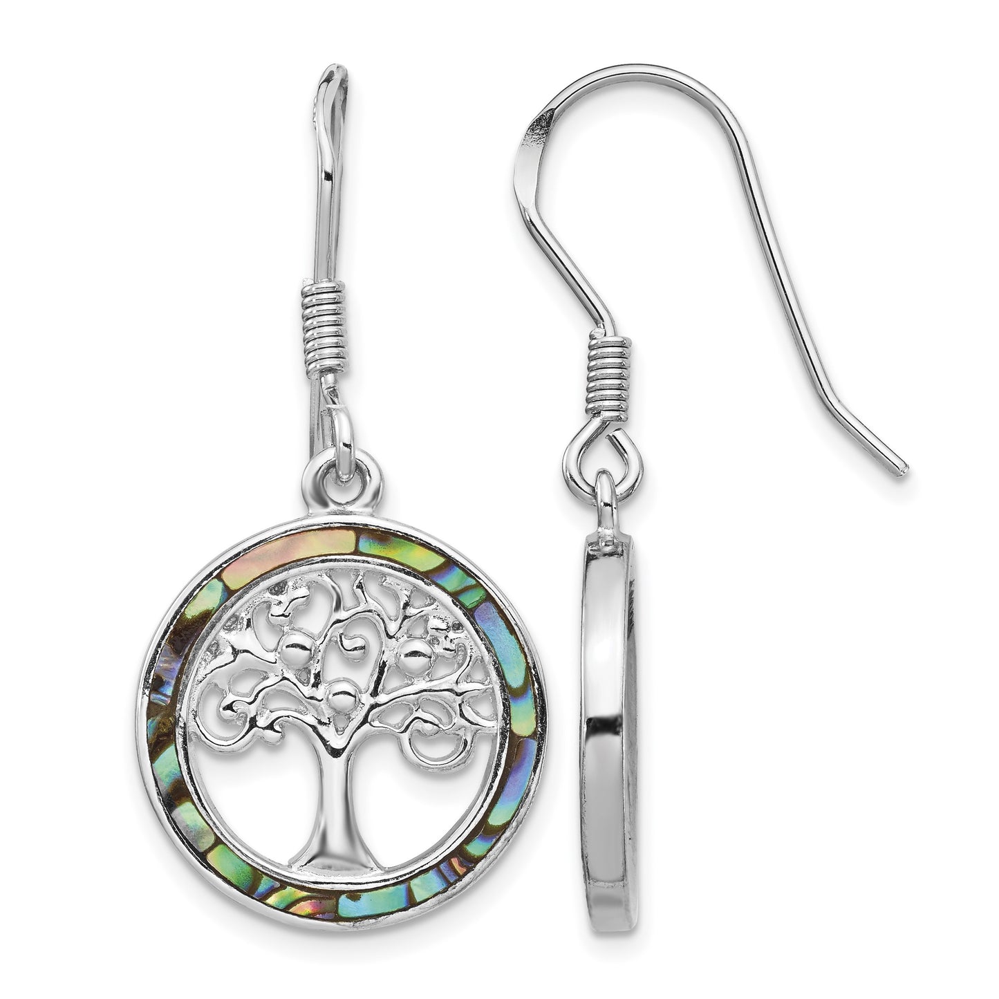 Sterling Silver Rhodium-plated Abalone Circle w/ Tree Dangle Earrings