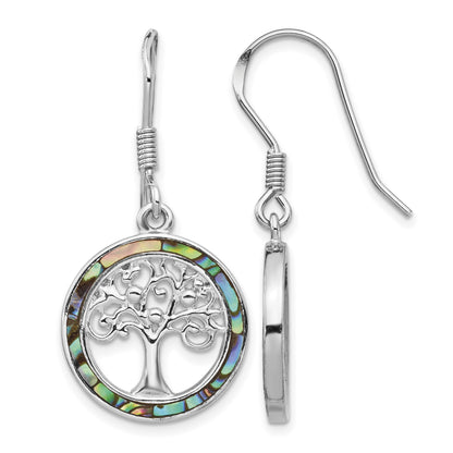 Sterling Silver Rhodium-plated Abalone Circle w/ Tree Dangle Earrings