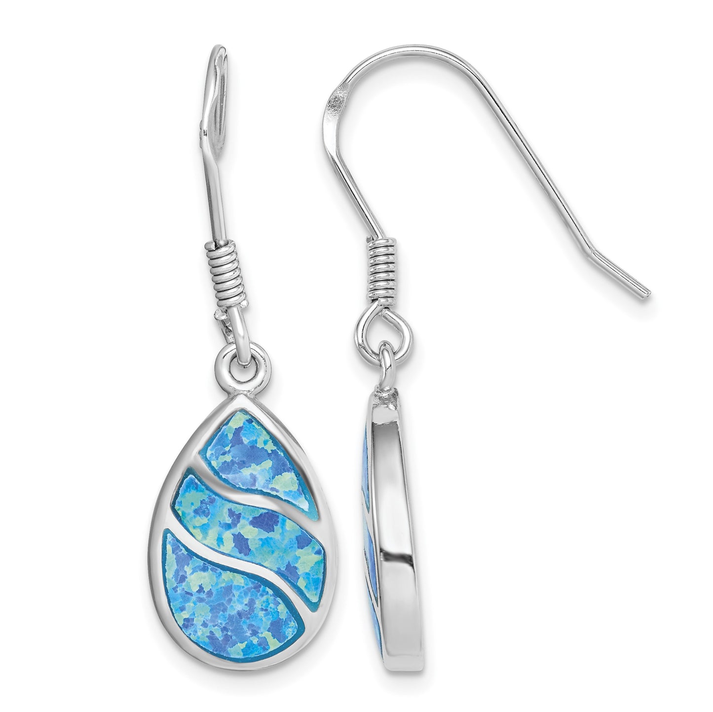 Sterling Silver Rhodium-plated Created Opal Inlay Teardrop Dangle Earrings