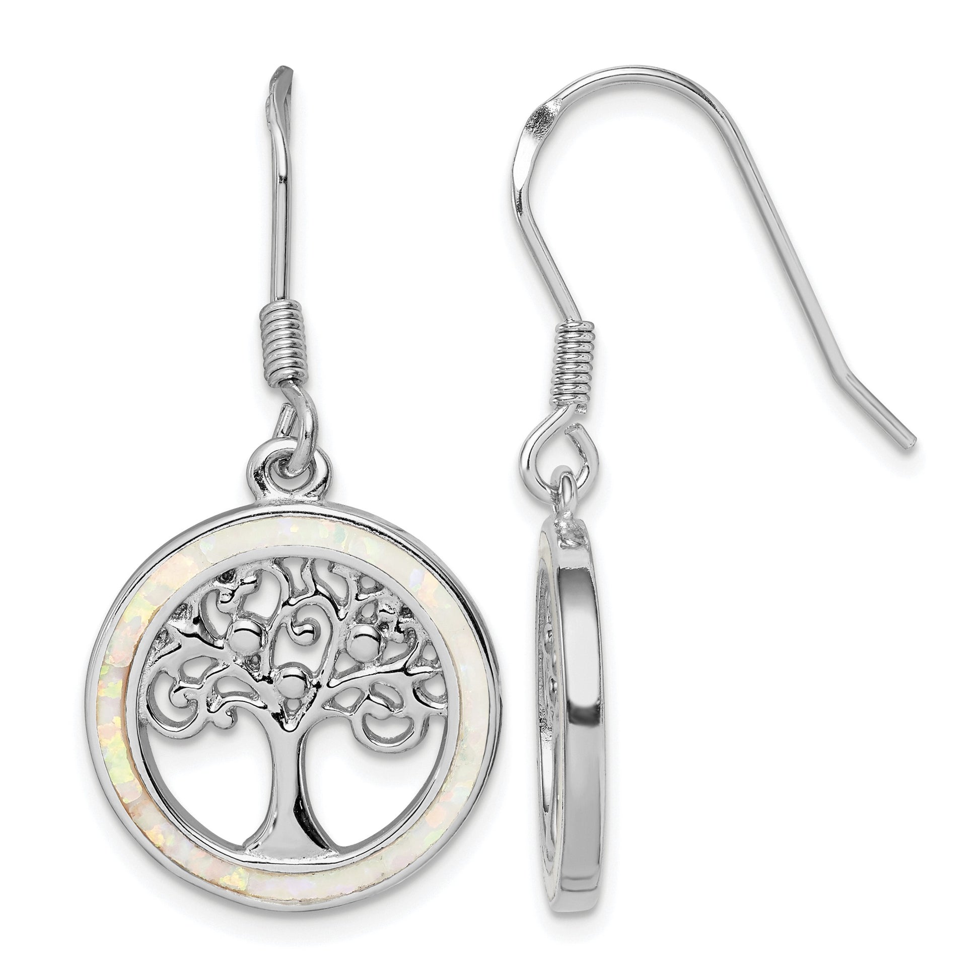 Sterling Silver Rhod-plated Creat Opal Circle w/ Tree Dangle Earrings