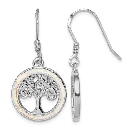 Sterling Silver Rhod-plated Creat Opal Circle w/ Tree Dangle Earrings
