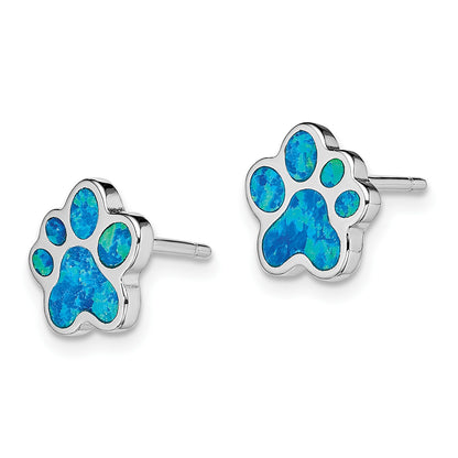 Sterling Silver Rhodium-plated Blue Created Opal Paw Print Post Earrings