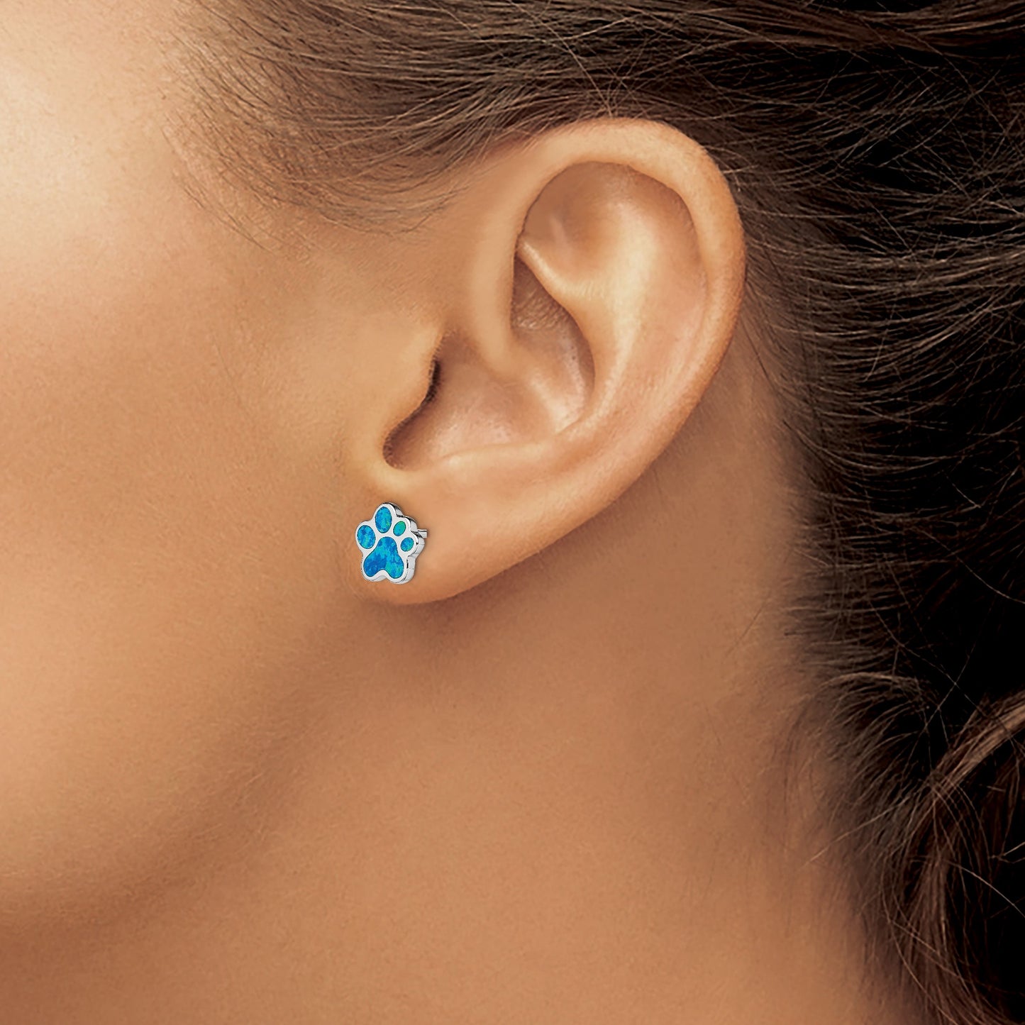 Sterling Silver Rhodium-plated Blue Created Opal Paw Print Post Earrings