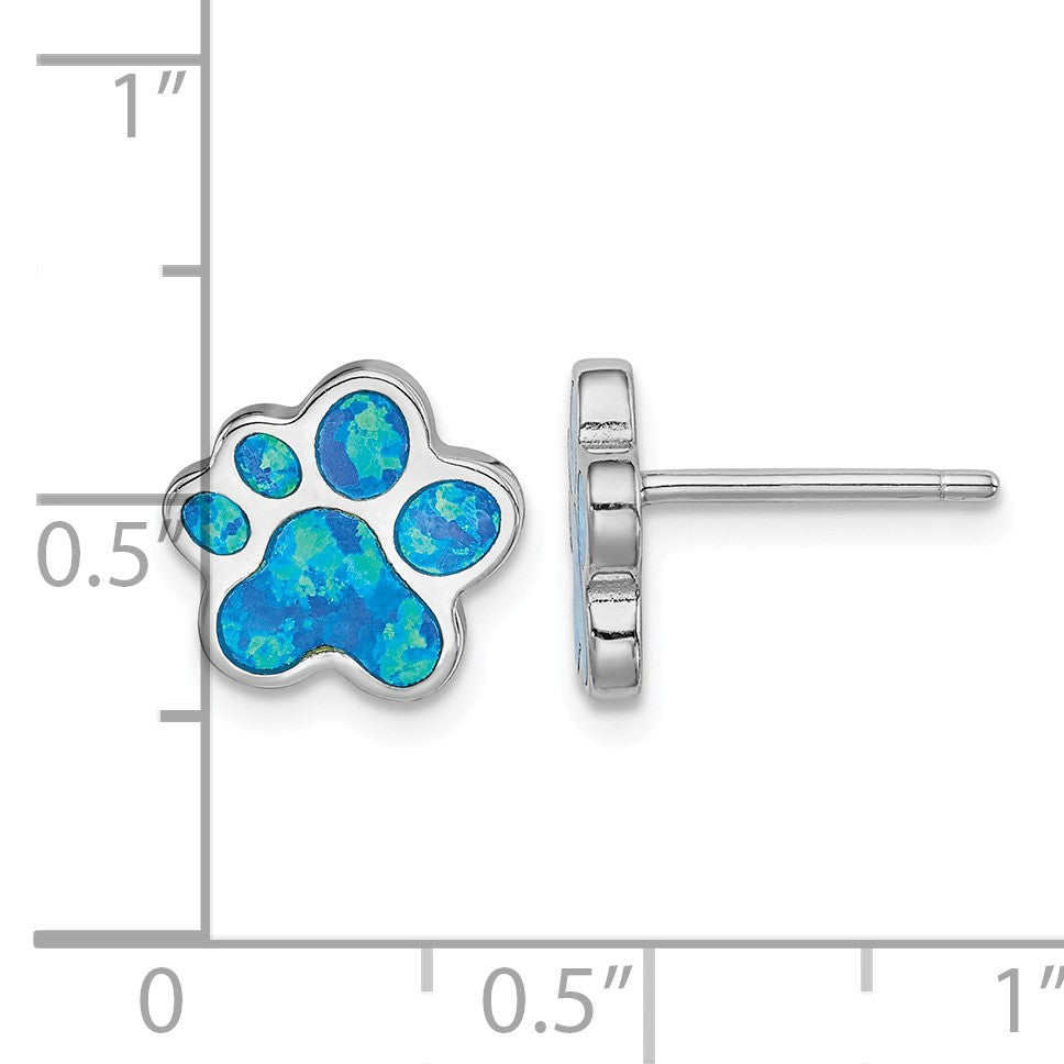 Sterling Silver Rhodium-plated Blue Created Opal Paw Print Post Earrings
