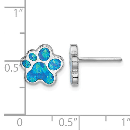 Sterling Silver Rhodium-plated Blue Created Opal Paw Print Post Earrings