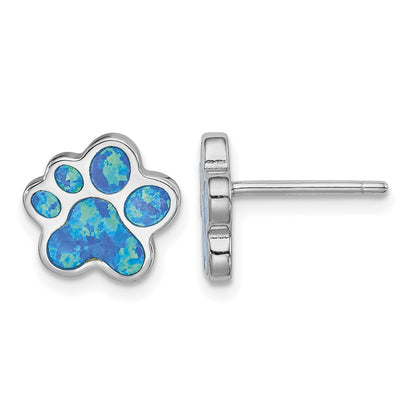 Sterling Silver Rhodium-plated Blue Created Opal Paw Print Post Earrings