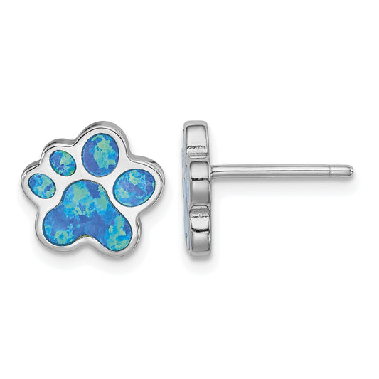 Sterling Silver Rhodium-plated Blue Created Opal Paw Print Post Earrings