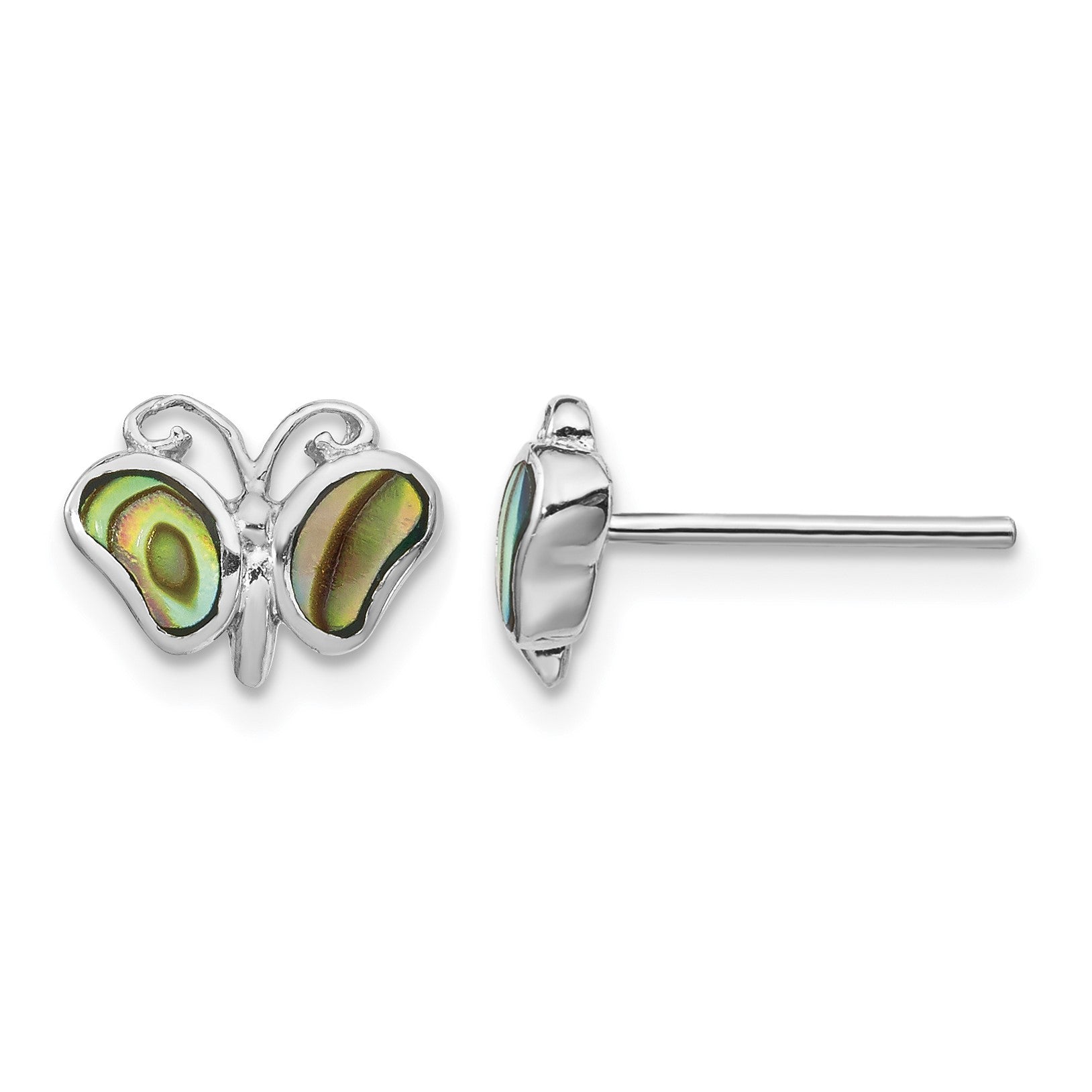 Sterling Silver Rhodium-plated Abalone Pearl Butterfly Post Earrings
