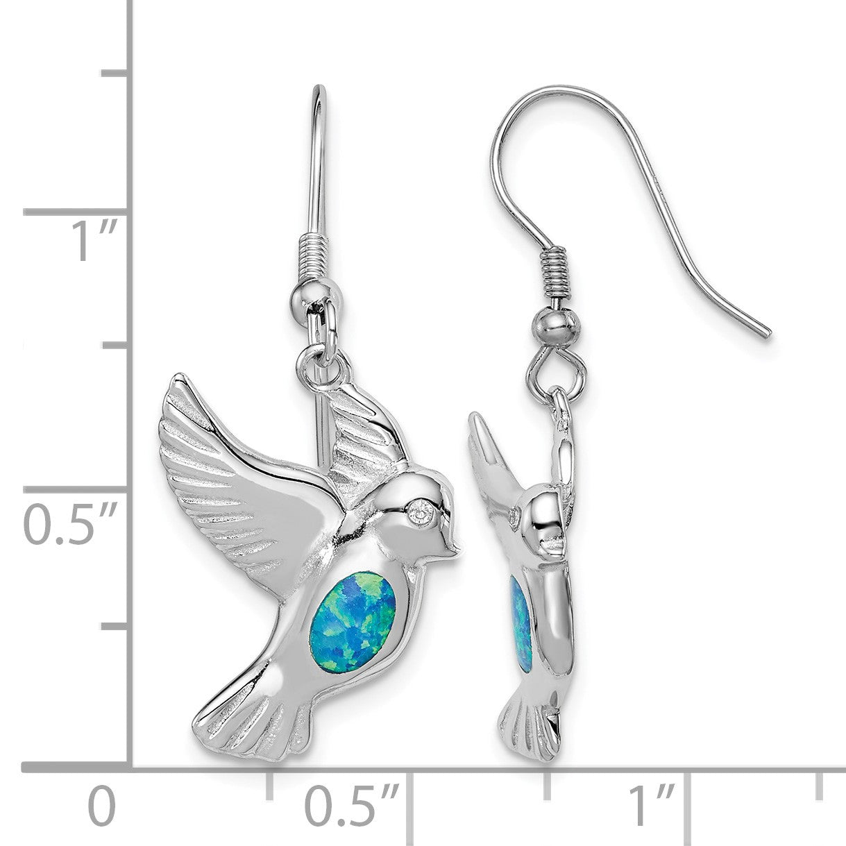 Sterling Silver Rhodium-plated Created Blue Opal Bird Dangle Earrings