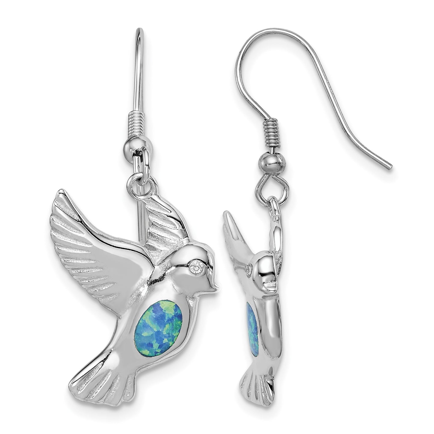 Sterling Silver Rhodium-plated Created Blue Opal Bird Dangle Earrings