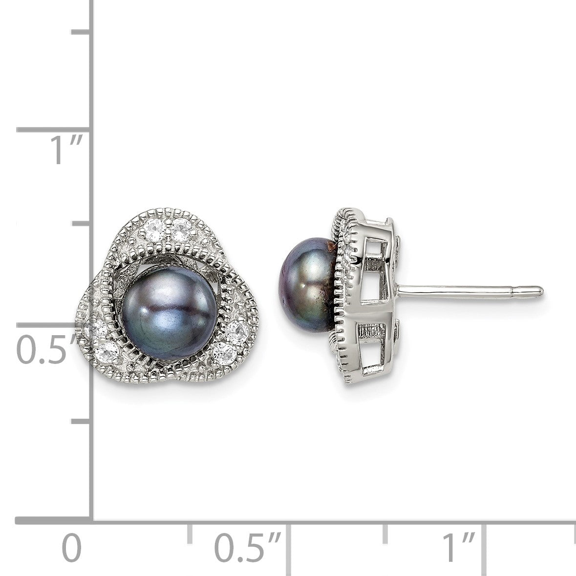 Sterling Silver Polished Black 6-7mm Freshwater Cultured Pearl and White Topaz Post Earrings