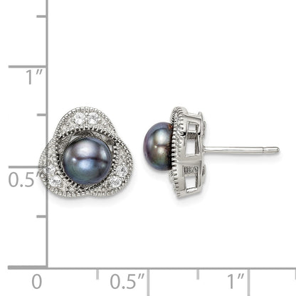 Sterling Silver Polished Black 6-7mm Freshwater Cultured Pearl and White Topaz Post Earrings