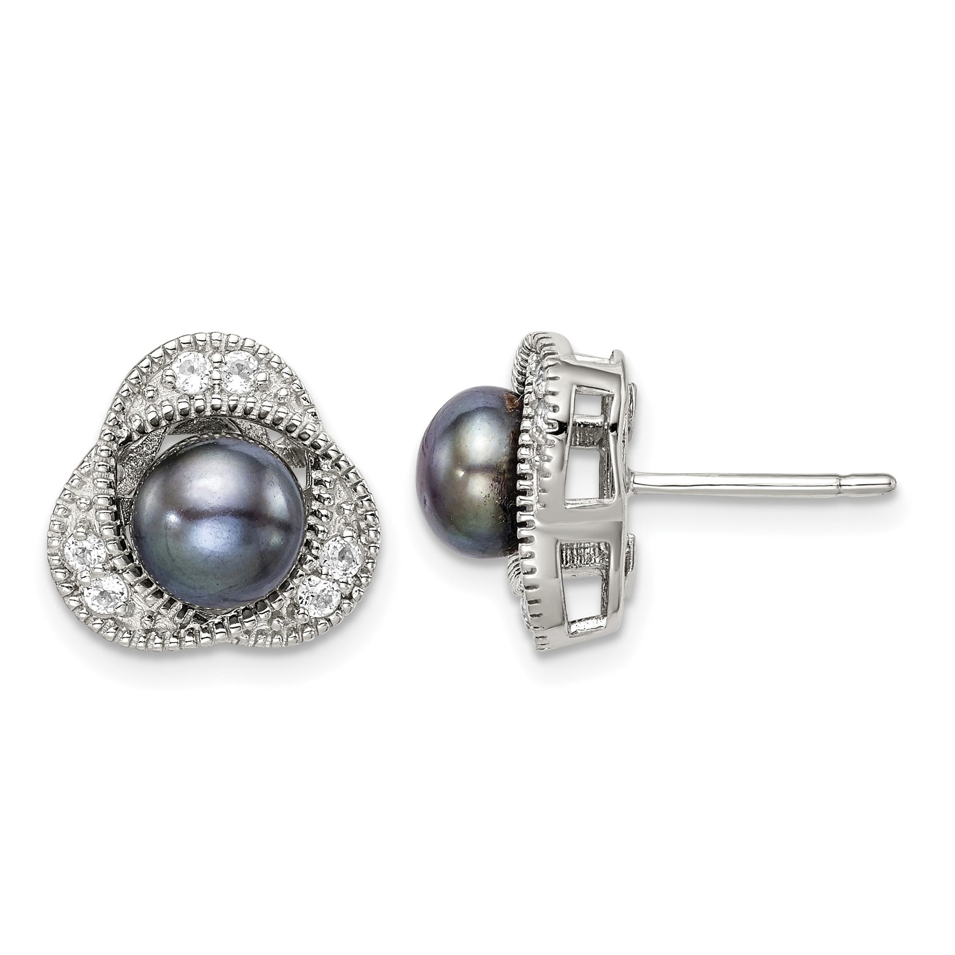 Sterling Silver Polished Black 6-7mm Freshwater Cultured Pearl and White Topaz Post Earrings