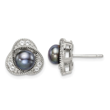 Sterling Silver Polished Black 6-7mm Freshwater Cultured Pearl and White Topaz Post Earrings