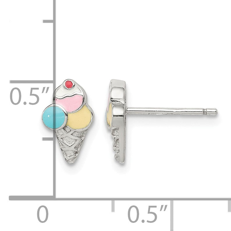 Sterling Silver Rhodium-plated Polished & Textured Multi-color Enameled Ice Cream Cone Children's Post Earrings
