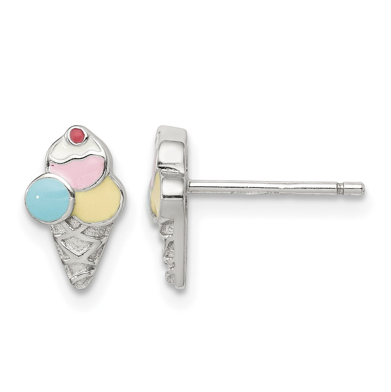 Sterling Silver Rhodium-plated Polished & Textured Multi-color Enameled Ice Cream Cone Children's Post Earrings