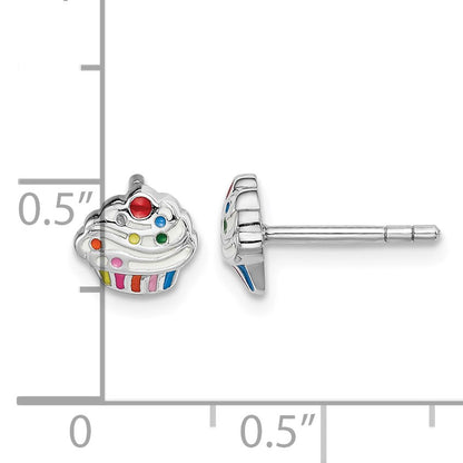 Sterling Silver Rhodium-plated Polished & Multi-color Enameled Cupcake Children's Post Earrings