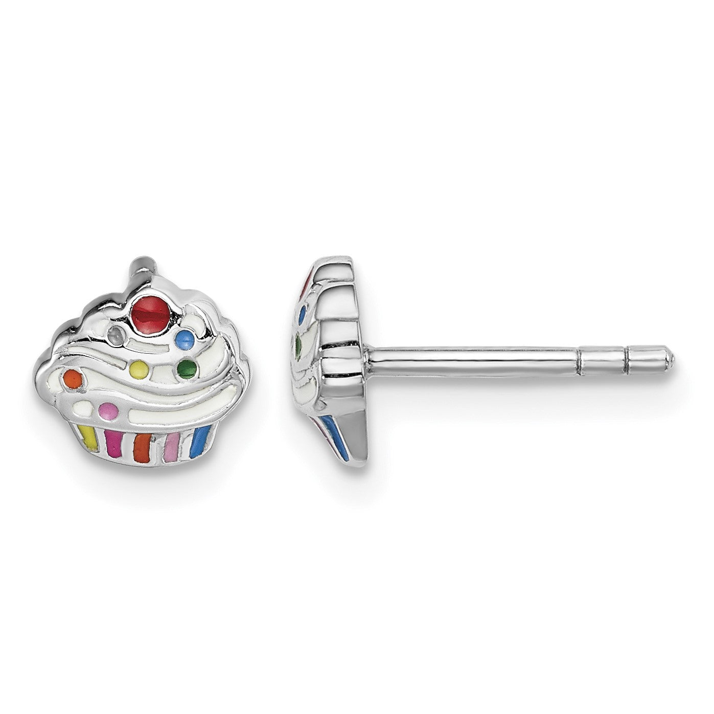 Sterling Silver Rhodium-plated Polished & Multi-color Enameled Cupcake Children's Post Earrings