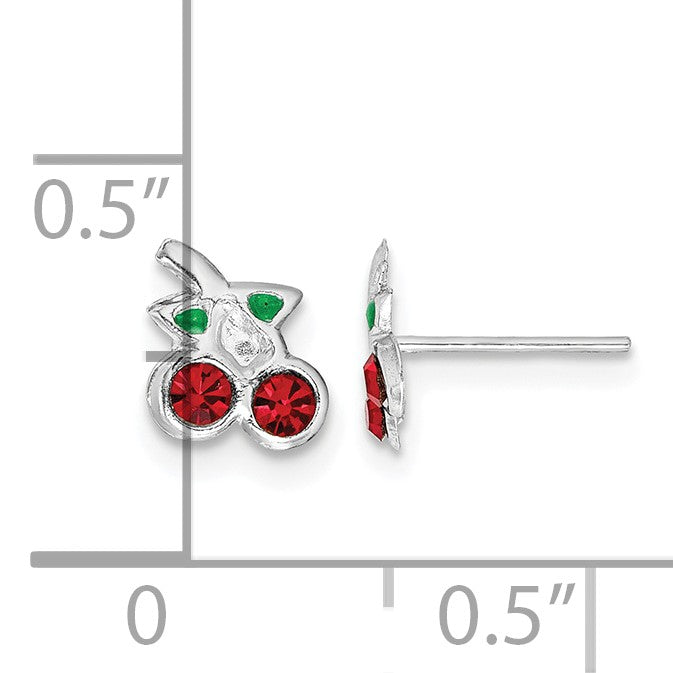Sterling Silver Rhodium-plated Polished Red & Green Crystal Cherries Children's Post Earrings