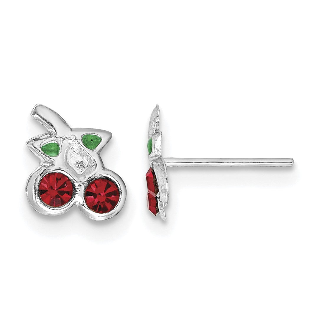 Sterling Silver Rhodium-plated Polished Red & Green Crystal Cherries Children's Post Earrings