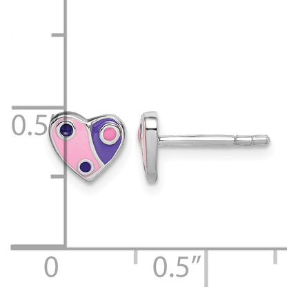 Sterling Silver Rhodium-plated Polished Pink & Purple Enameled Heart Children's Post Earrings