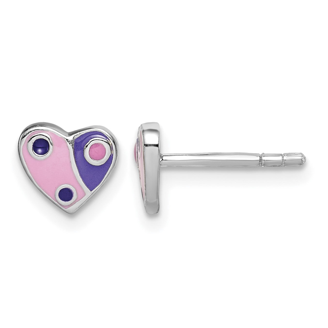 Sterling Silver Rhodium-plated Polished Pink & Purple Enameled Heart Children's Post Earrings