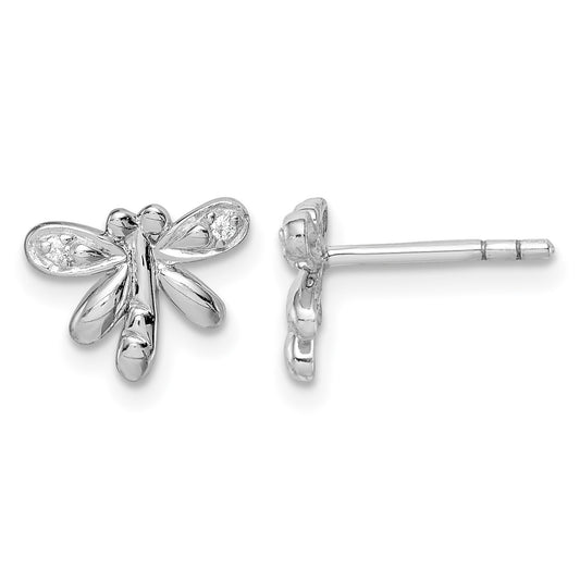 Sterling Silver RH-plated Polished CZ Dragonfly Children's Post Earrings